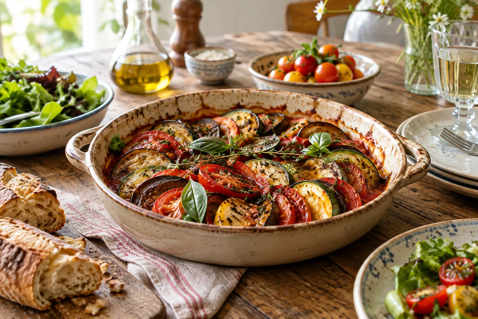 Un plat de ratatouille aux courgettes, tomates et aubergines posé sur une table de repas estivale.