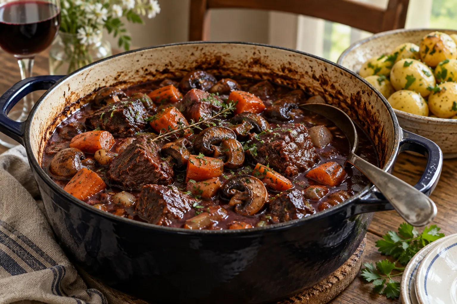 Bœuf bourguignon familial : une viande fondante et une sauce généreuse