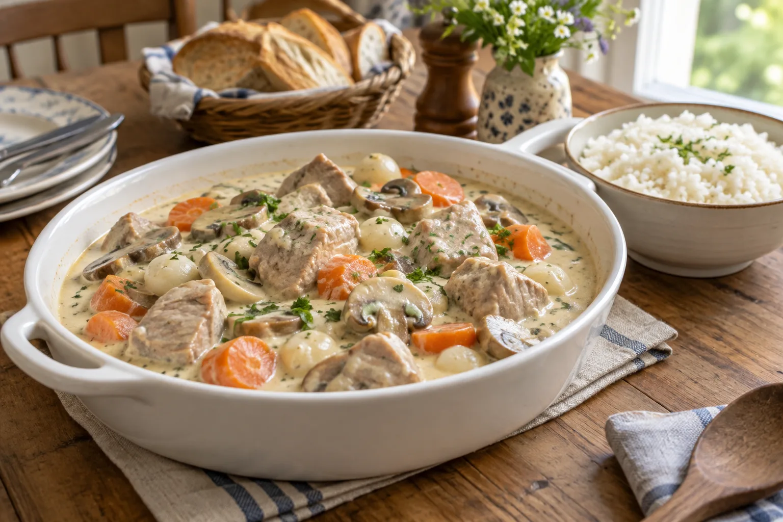 Blanquette de veau crémeuse aux carottes et champignons, servie avec du riz blanc.