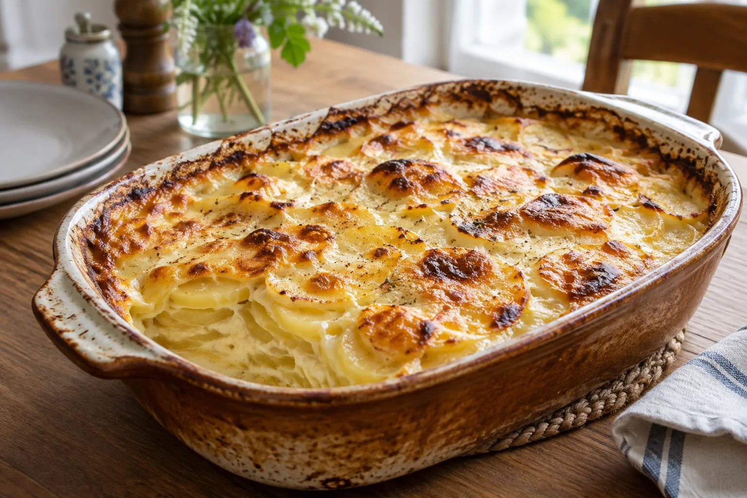 Gratin dauphinois doré dans un plat en céramique, avec des pommes de terre fondantes.