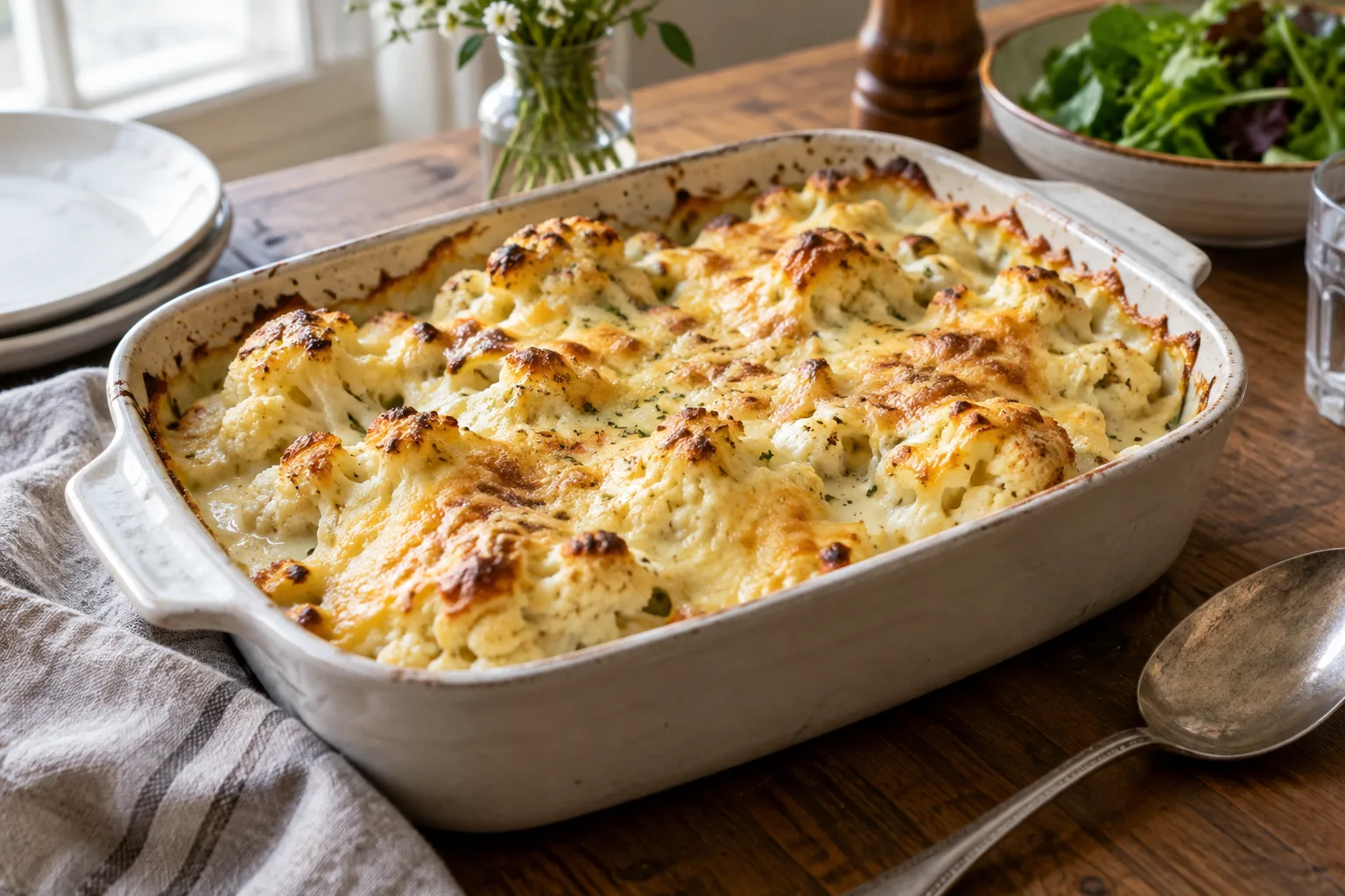 Gratin de chou-fleur à la béchamel, doré au gruyère dans un plat en céramique.