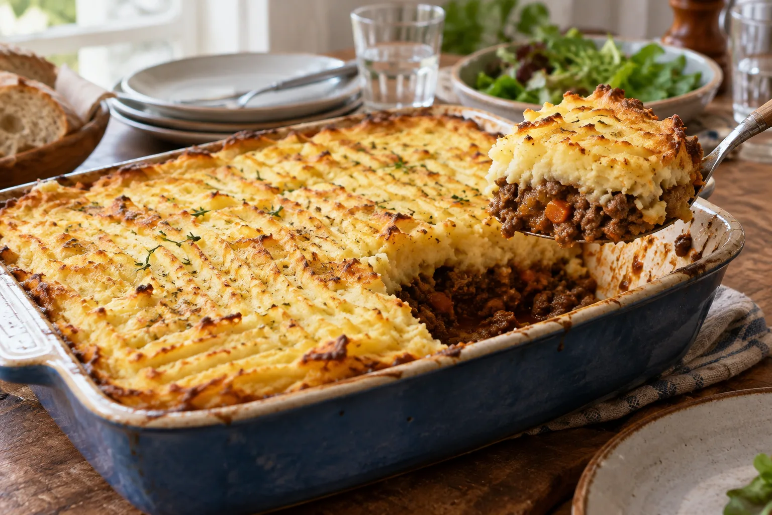 Hachis parmentier maison doré, avec sa couche de purée sur une garniture de bœuf.