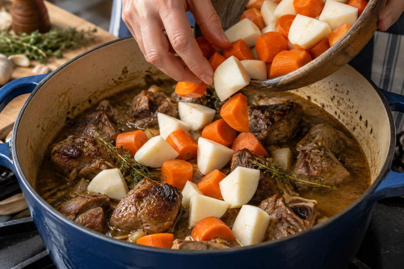 Des morceaux de carottes et de navets ajoutés dans une cocotte de viande mijotée.