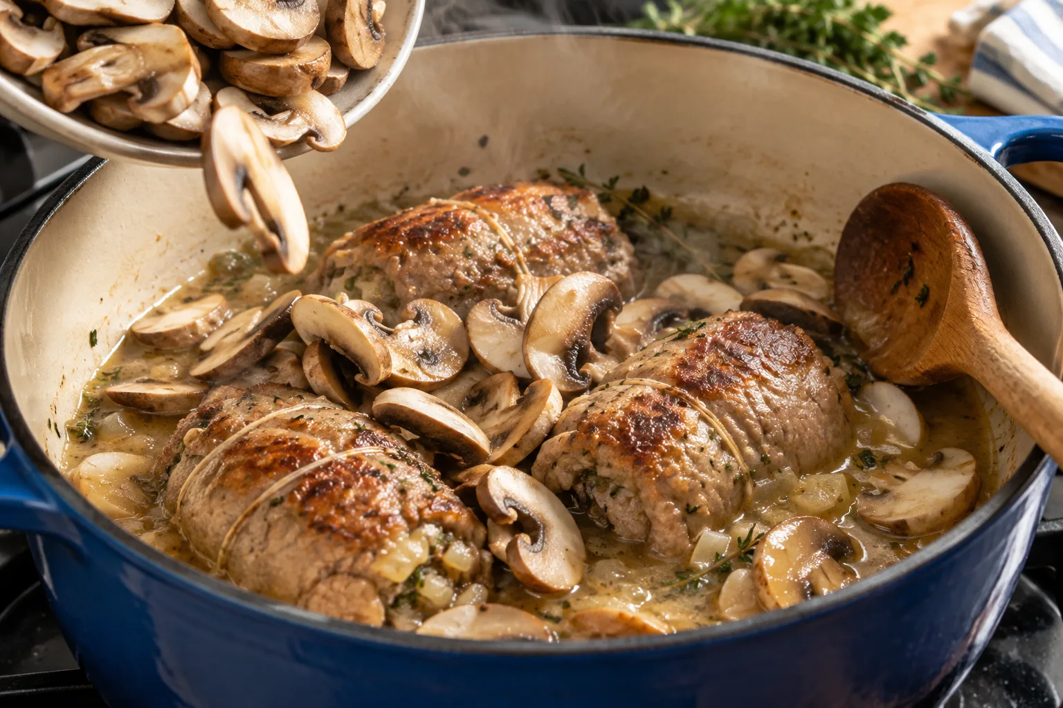Des champignons sont ajoutés aux paupiettes de veau qui mijotent dans une cocotte.