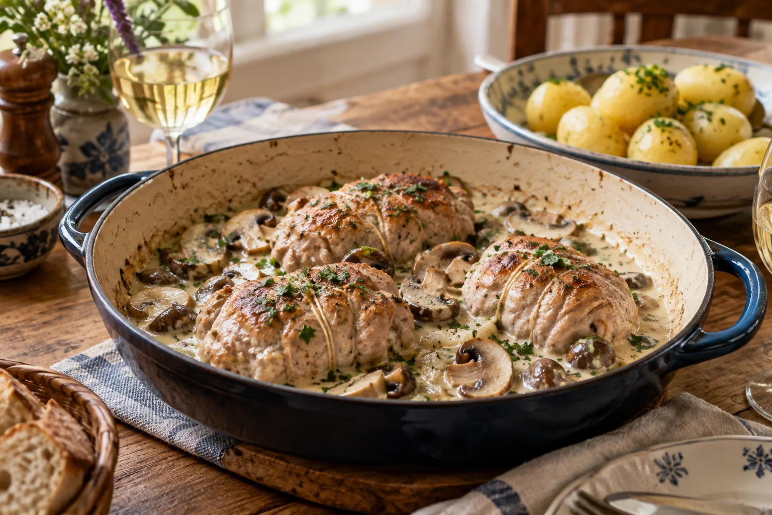 Paupiettes de veau et champignons mijotés dans une cocotte avec leur sauce crémeuse.
