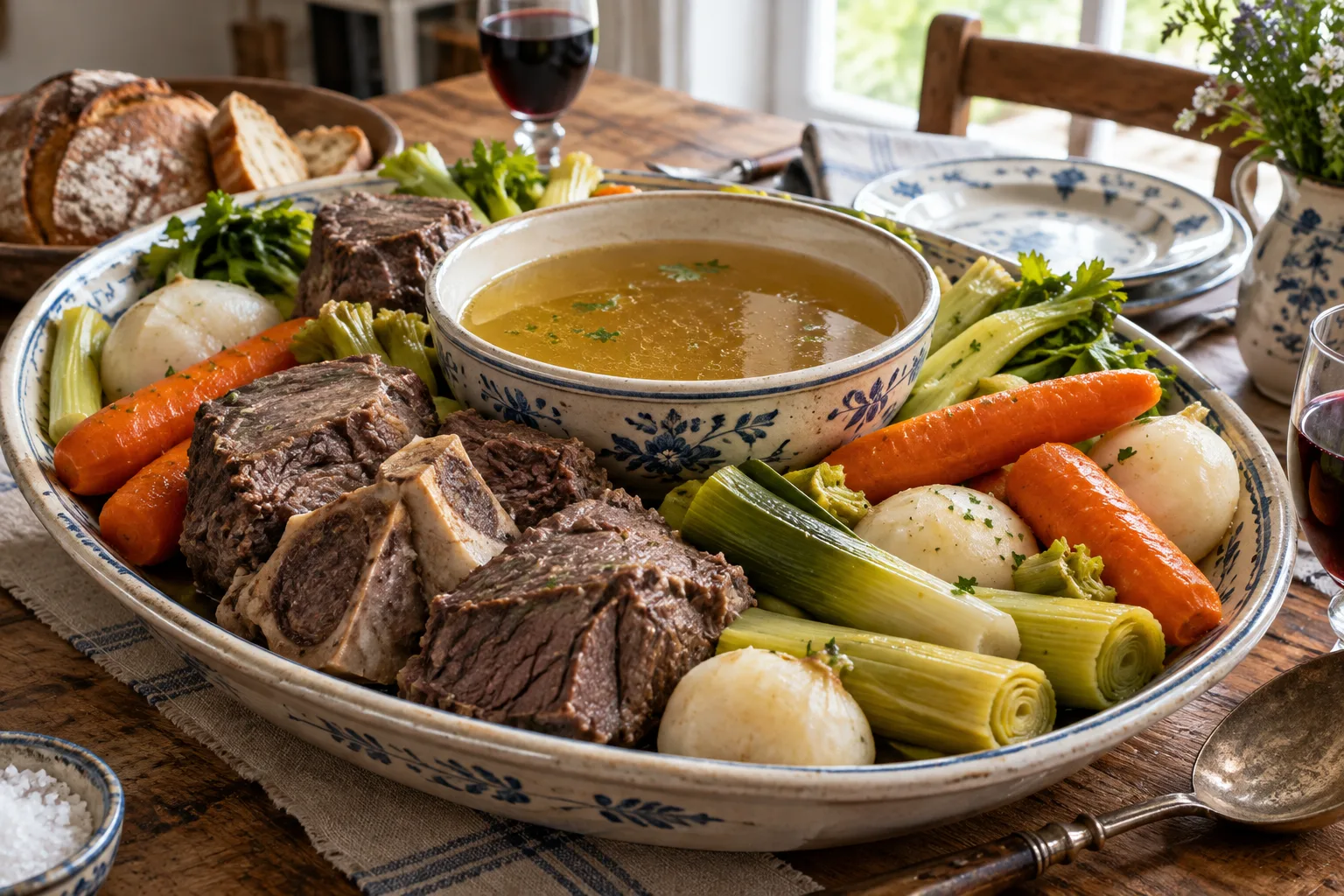 Pot-au-feu familial avec des morceaux de bœuf, des carottes, des poireaux et des navets.