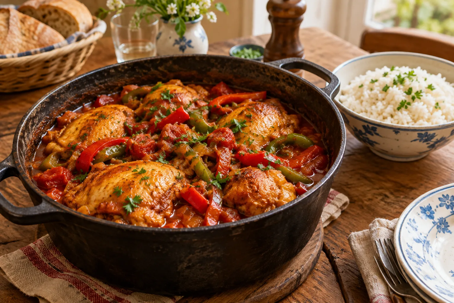 Poulet basquaise mijoté aux poivrons rouges et verts, servi avec du riz dans une cocotte.