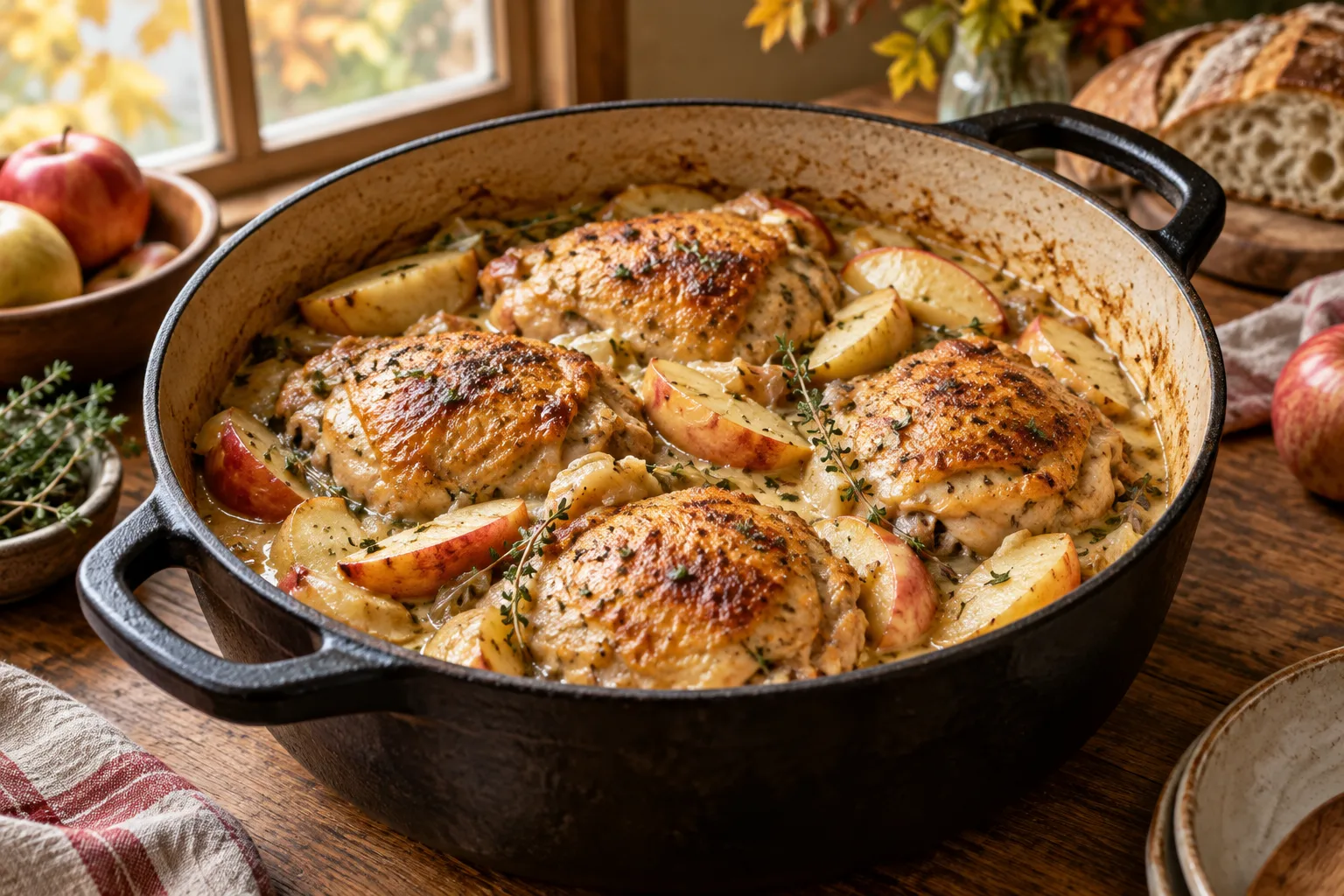 Cuisses de poulet mijotées au cidre avec des quartiers de pomme dans une cocotte.