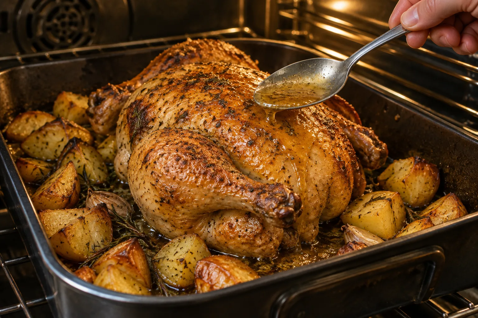 Un poulet dore au four avec des pommes de terre qui colorent dans le plat.
