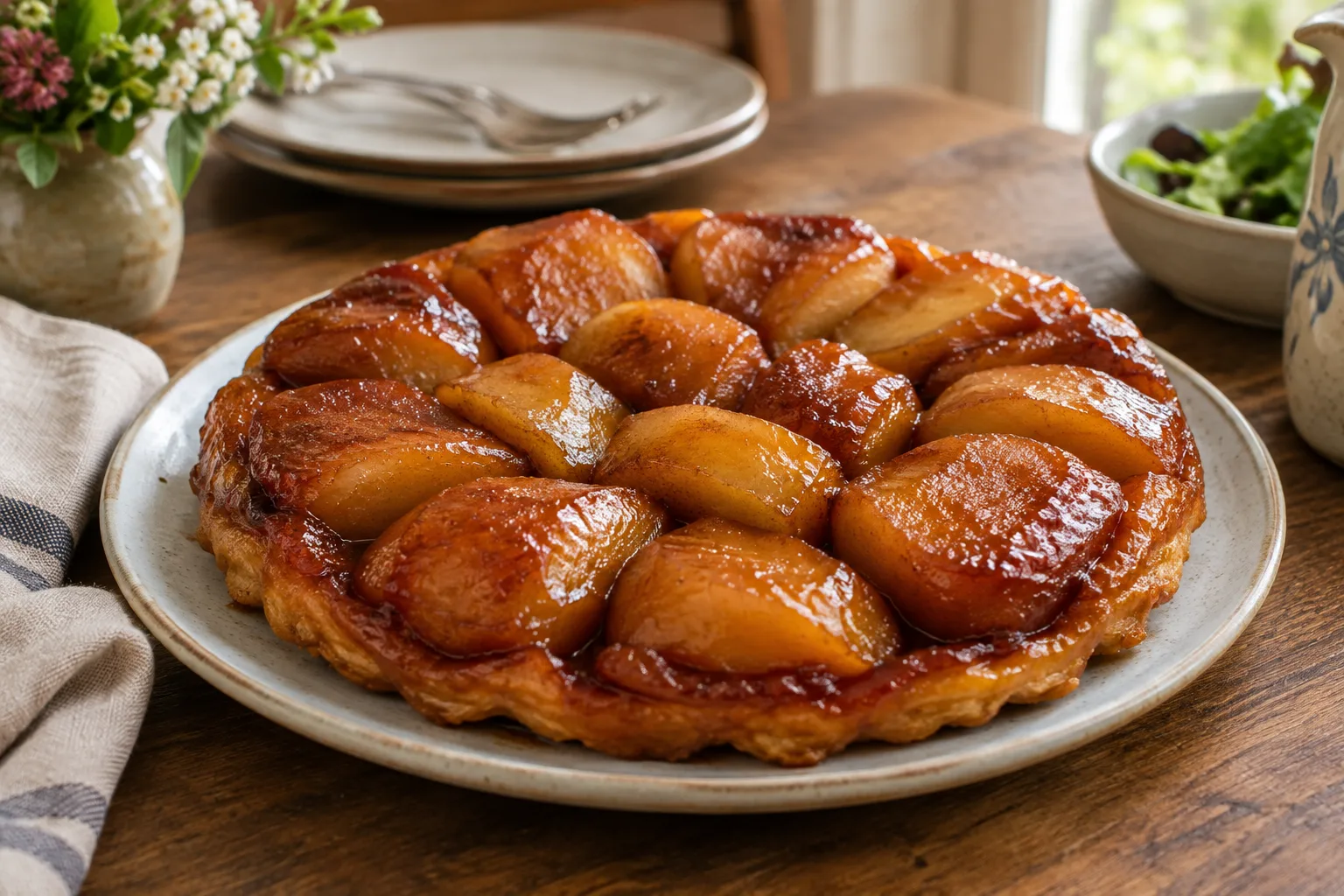 Une tarte Tatin aux pommes caramélisées présentée sur une assiette en céramique.