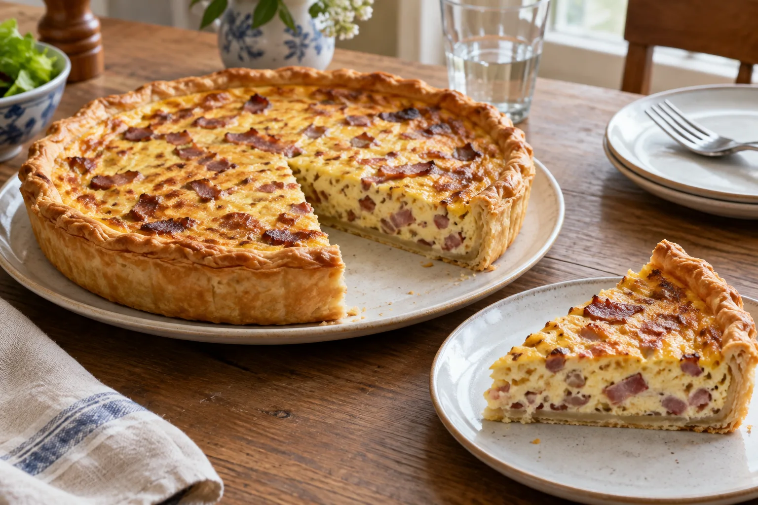 Quiche lorraine dorée aux lardons, présentée entière avec une part découpée.