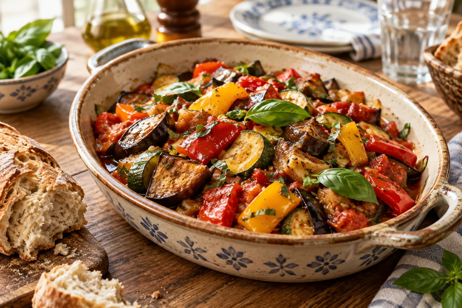 Ratatouille maison aux aubergines, courgettes, poivrons et tomates, servie dans un plat en céramique.