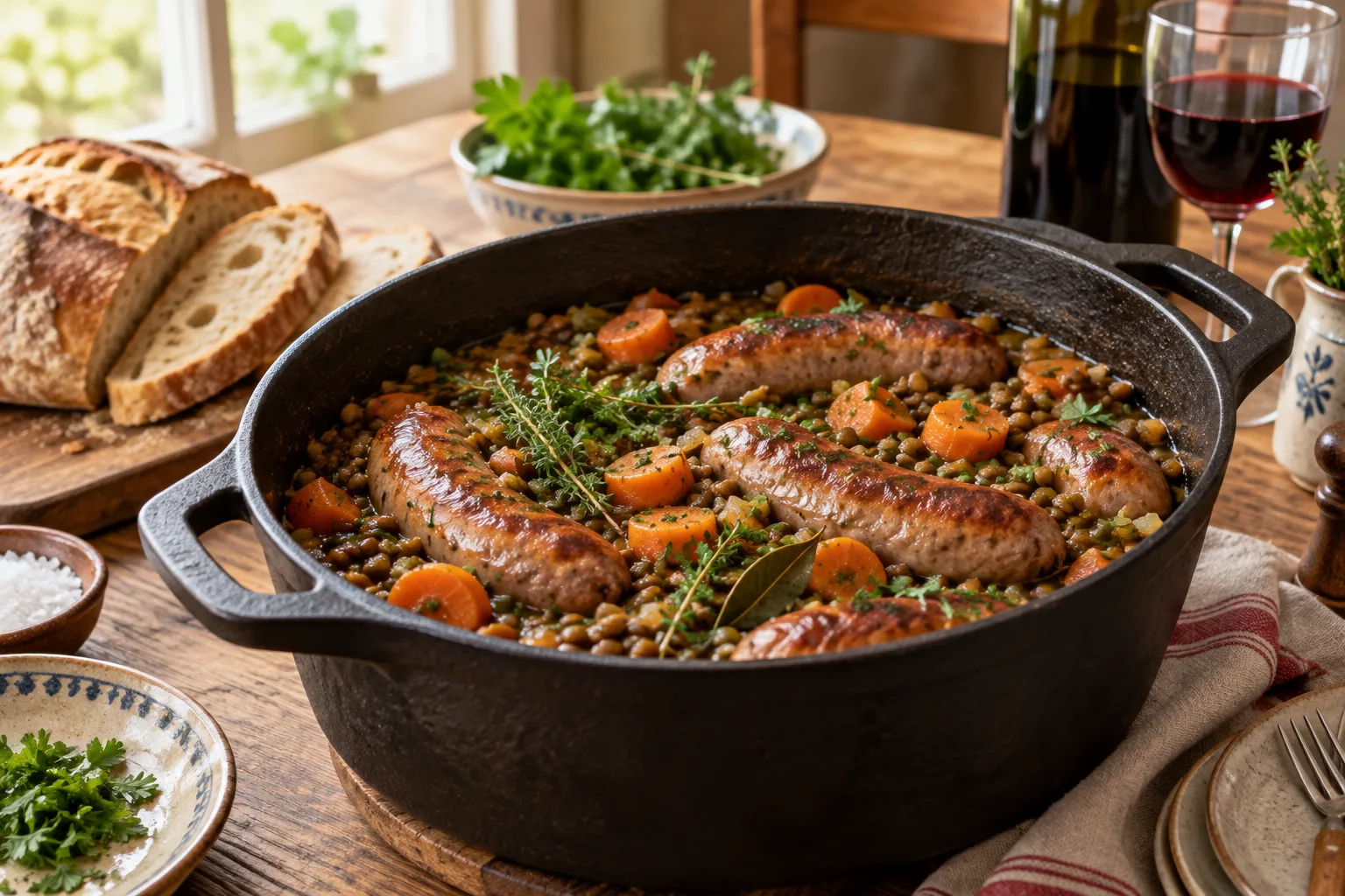 Saucisses de Toulouse servies avec des lentilles vertes, des carottes et un peu de jus dans une cocotte.