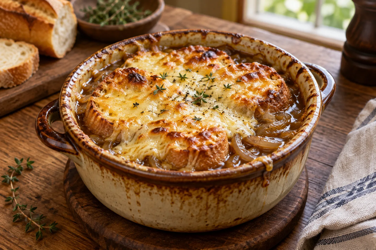 Soupe à l’oignon gratinée dans un bol en céramique, avec du pain et du fromage doré.