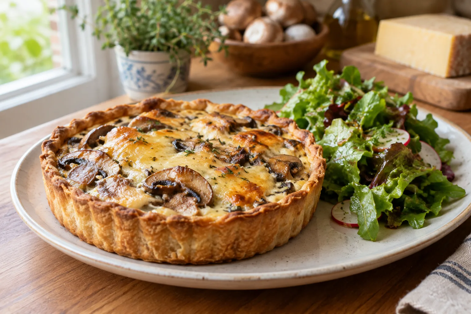 Tarte dorée aux champignons et au comté servie avec une salade verte.
