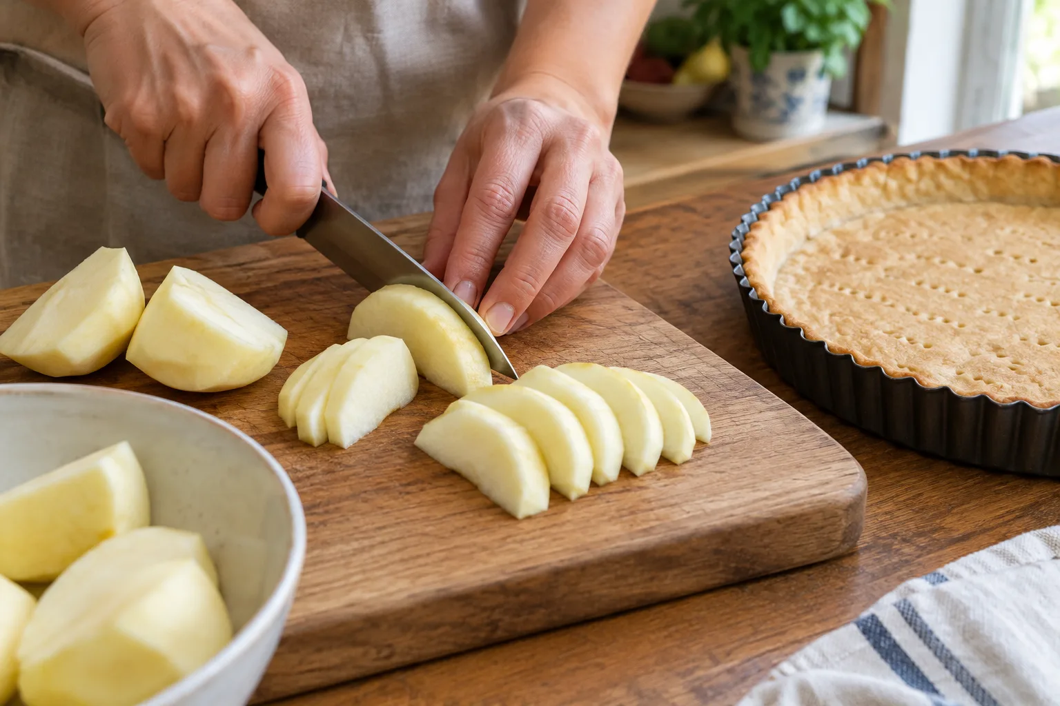 Des quartiers de pommes sont tranchés près du fond de tarte précuit.