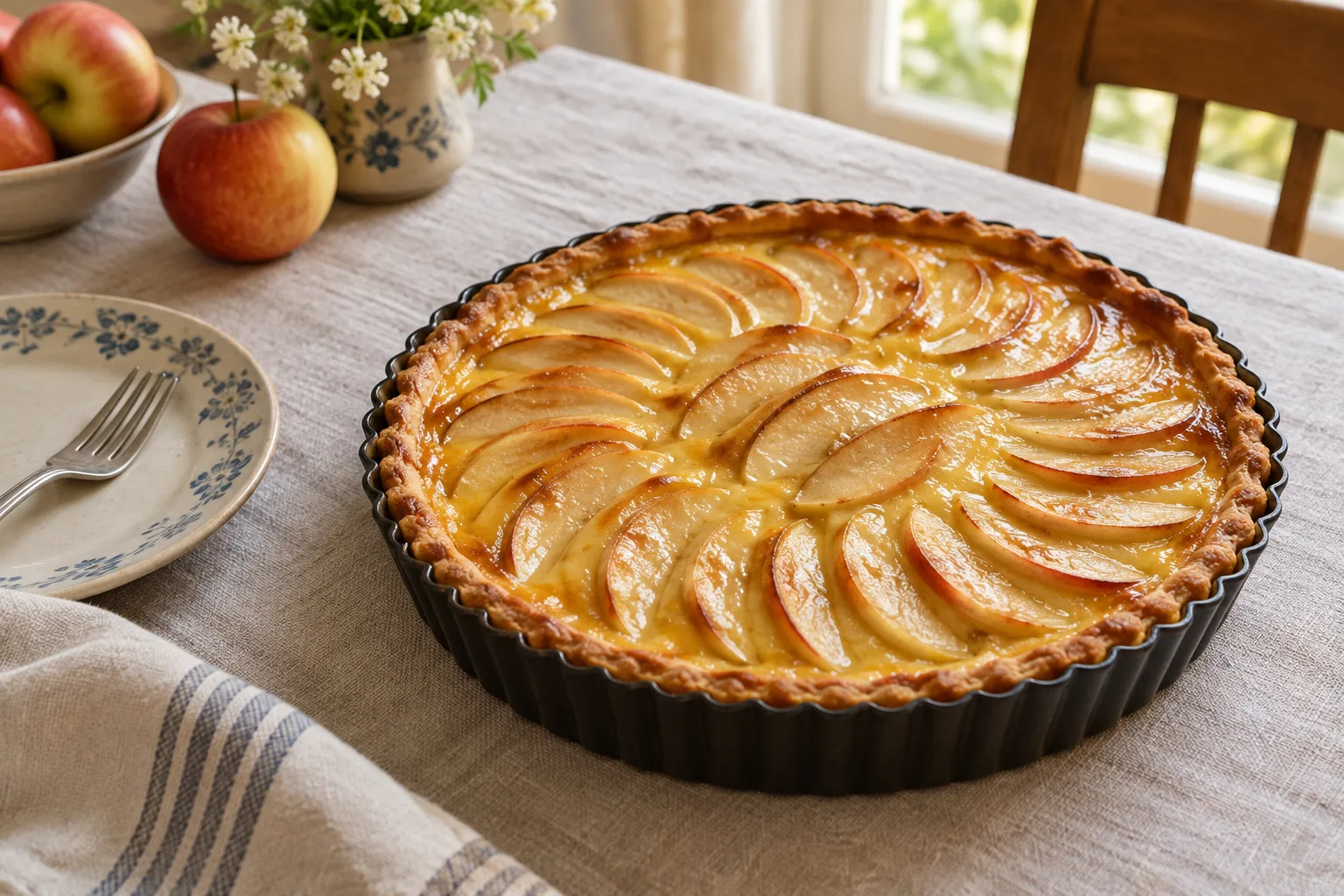 Tarte normande garnie de quartiers de pommes et d’une crème dorée, juste sortie du four.