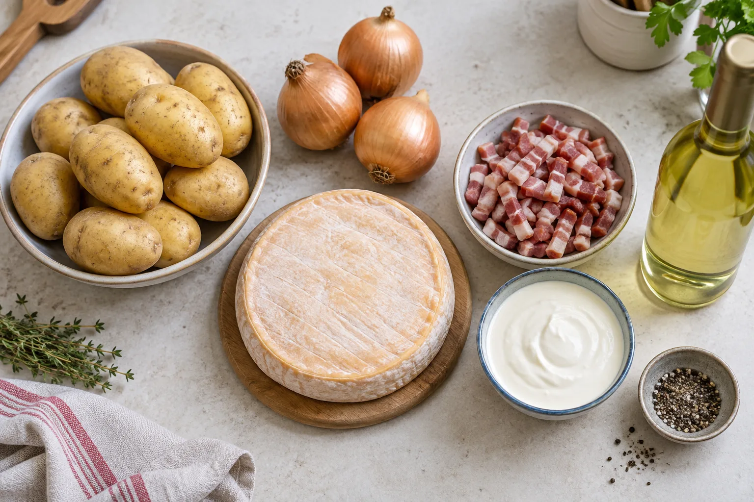 Pommes de terre, reblochon, oignons, lardons et crème réunis pour préparer une tartiflette.