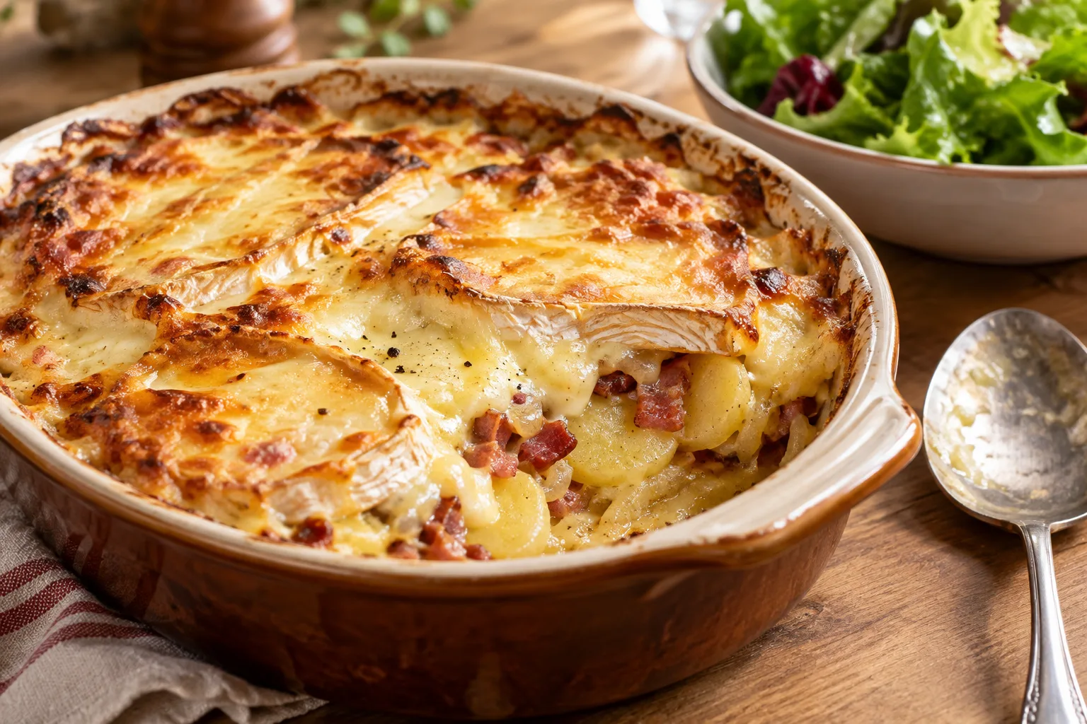 Tartiflette chaude dont le reblochon fondu forme une croûte dorée.