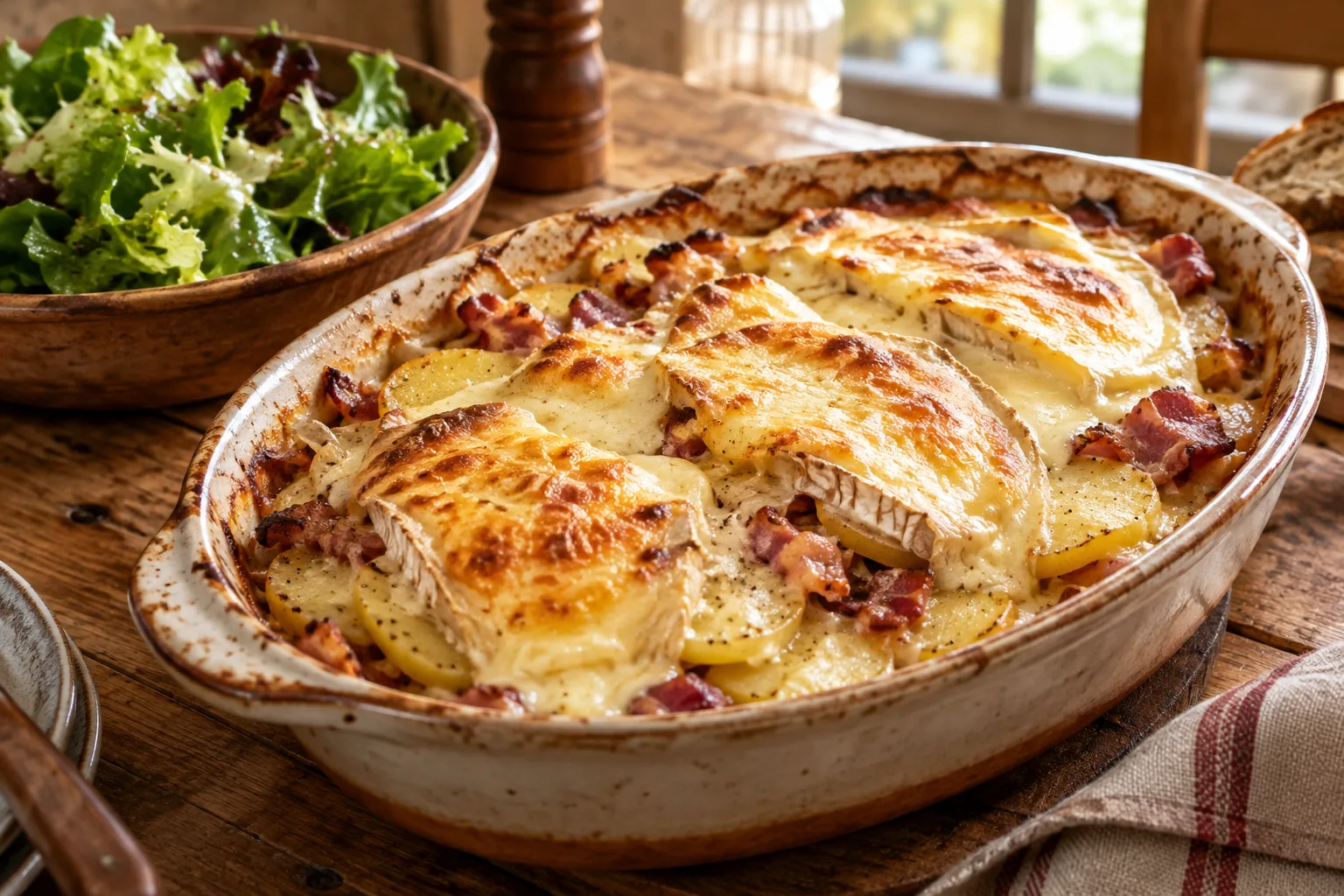 Tartiflette dorée au reblochon servie dans un plat à gratin avec une salade verte.