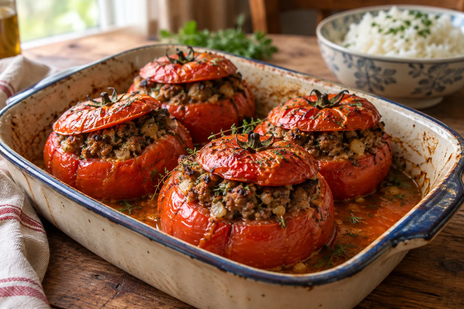 Tomates farcies garnies de viande hachée et d’herbes, servies dans un plat de cuisson avec du riz.